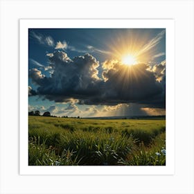 A Beautiful Blue Heavenly Sky With The Sun Peeking Behind Glowing Onto A Landscape 1 Art Print