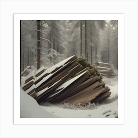 Small wooden hut inside a dense forest of pine trees with falling snow 11 Art Print