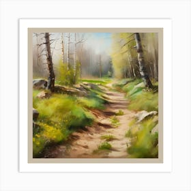 Path In The Woods.A dirt footpath in the forest. Spring season. Wild grasses on both ends of the path. Scattered rocks. Oil colors.5 Art Print