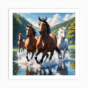 Horses Running In The River Art Print