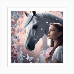 White Horse With Butterflies Art Print