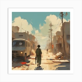 Soldier Walking Down The Street Art Print