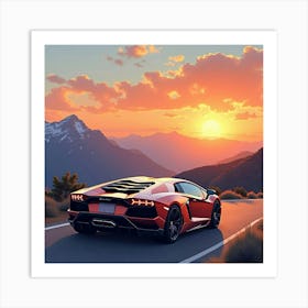 Lamborghini Aventador In A Watercolor Sunset Over A Mountain Range 1 Art Print