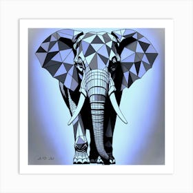 Geometric Elephant Shaped With Complex Blend Of Triangles Black And Greyscale And Blue Shining Illustration Art Print