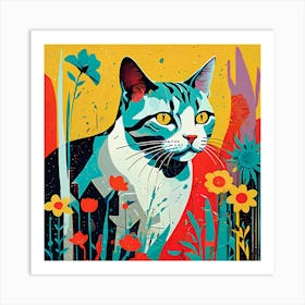 Cat Enjoying Spring Time In A Field Of Flowers Art Print