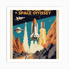 Space Odyssey Retro Poster Featuring Asteroids Rockets 1 Art Print