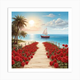 Red Roses On The Beach2 Art Print