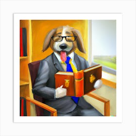 Abstract Oil Painting-Dog In The Office Reading A Book Art Print