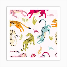 Colorful Tiger Pattern On White With Floral Decoration Square Art Print