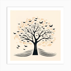 Birds Flying Under Tree Illustration Art Print