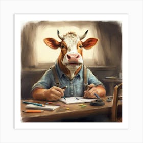 Cow At The Desk 1 Art Print
