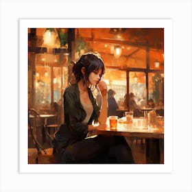 Girl Sitting At Table In Cafe Art Print