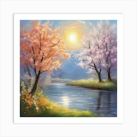 Cherry Blossoms By The River Art Print