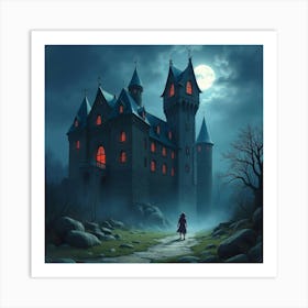 Horror Entity In A Watercolor Ruined Castle At Night 1 Art Print