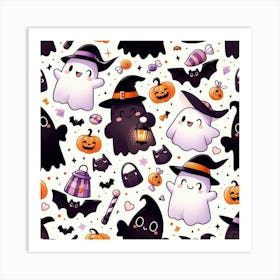 Halloween Cute Ghosts On White Pattern Art Print