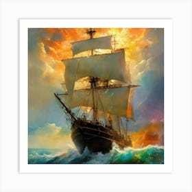 Sailing Ship At Sunset Art Print