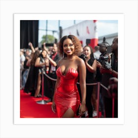 A Black Woman Voluptuous Sexy Wearing Red Latex Dress Long Hair Big Smile on the Red Carpet - Created by Midjourney Art Print