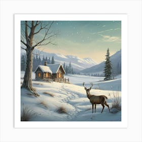 Deer And Cabin In The Snow Art Print