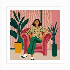 Woman Sitting In Pink Chair Art Print