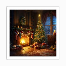 Cozy Christmas Eve Crackling Fireplace Casting A Soft Glow On The Elaborate Decorated Tree Toys Su (2) Art Print