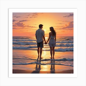 Ocean Sunset Beach With Couple Art Print (3) Art Print