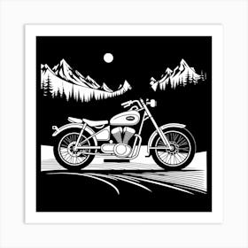 Motorcycle In The Mountains, black and white monochromatic art Art Print