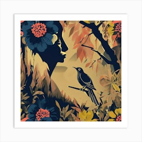 Retro Pop Inspired Floral Pattern With Navy Bird And Branches Art Print