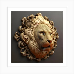 Lion in 3D view with decorative patterns crafted on leather surfaces. 3 Art Print