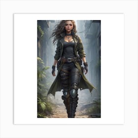 36The image depicts a woman in a black top and brown pants, wearing a green jacket and holding a gun. She is standing in a dark, urban environment with greenery and debris scattered around her. Art Print