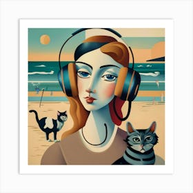 Woman With Headphones And Cats Art Print