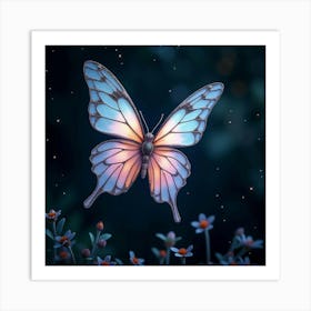 A Mythical Butterfly With Wings Of Translucent, Liquid Crystal Fluttering In A Starry Garden Art Print