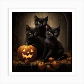 Black Cats With Pumpkins Art Print