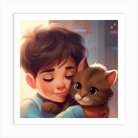 Boy Hugging Cat 1 Art Print