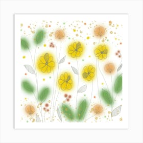 Yellow Flowers Nature Flower Meadow Blossom Bloom Art Colorful Drawing Art Print