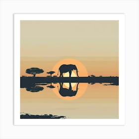 Silhouette Of Elephants At Sunset Art Print