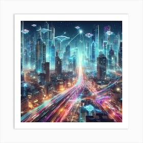 A futuristic cityscape with flying cars4 Art Print