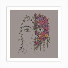 A captivating illustration of a stylized face with a monochromatic outline, 1 Art Print