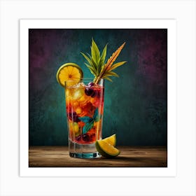 Tropical Cocktail On Wooden Table Art Print