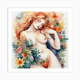 Nude Woman With Colorful Flowers Art Print