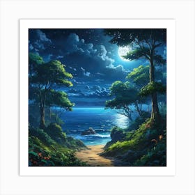 Moonlit Tropical Beach Surrounded by Lush Forest During a Clear Night Art Print