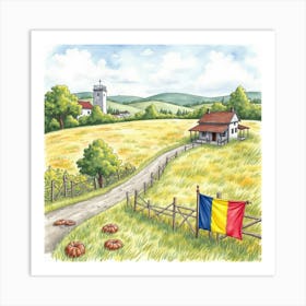 English Countryside Scene With Romanian Cultural Artifacts, Watercolor 1 Art Print