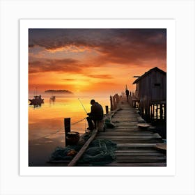 Sea Fisherman Mending Nets On A Rustic Wooden Dock At Dawn Mist Rolling Over Calm Waters Silhouett 537540339 Art Print