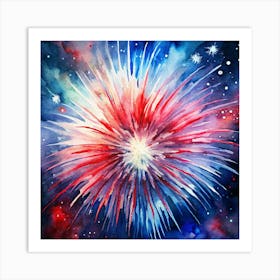 Watercolor Painting Of A Red, White And Blue Fireworks Display Art Print