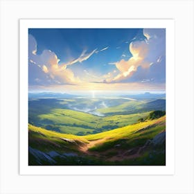 An Awe Inspidring Vista Atop An Undulating Hill With A Soft Gaze Descending Towards The Verdant Fields Art Print