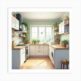 Beautifully Painted Kitchen, Watercolor, Soft And Inviting 1 Art Print