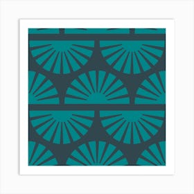 Geometric Pattern With Green Sunrise On Dark Blue Square Art Print