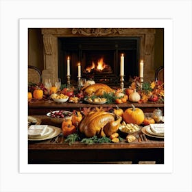 A Beautifully Prepared Thanksgiving Banquet Seated Under The Warm Glow Of Recessed Lighting In A Rus (2) Art Print