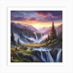 Waterfall At Sunset Art Print