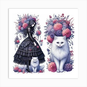 Gothic Girl And Cat Art Print