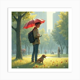 Justin Bieber In A City Park, Under Soft Watercolor Rain, With An Umbrella Art Print